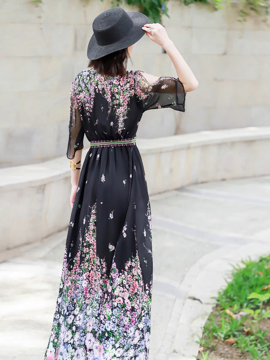 ĐẦM LỤA HOA CỔ V CAO CẤP 